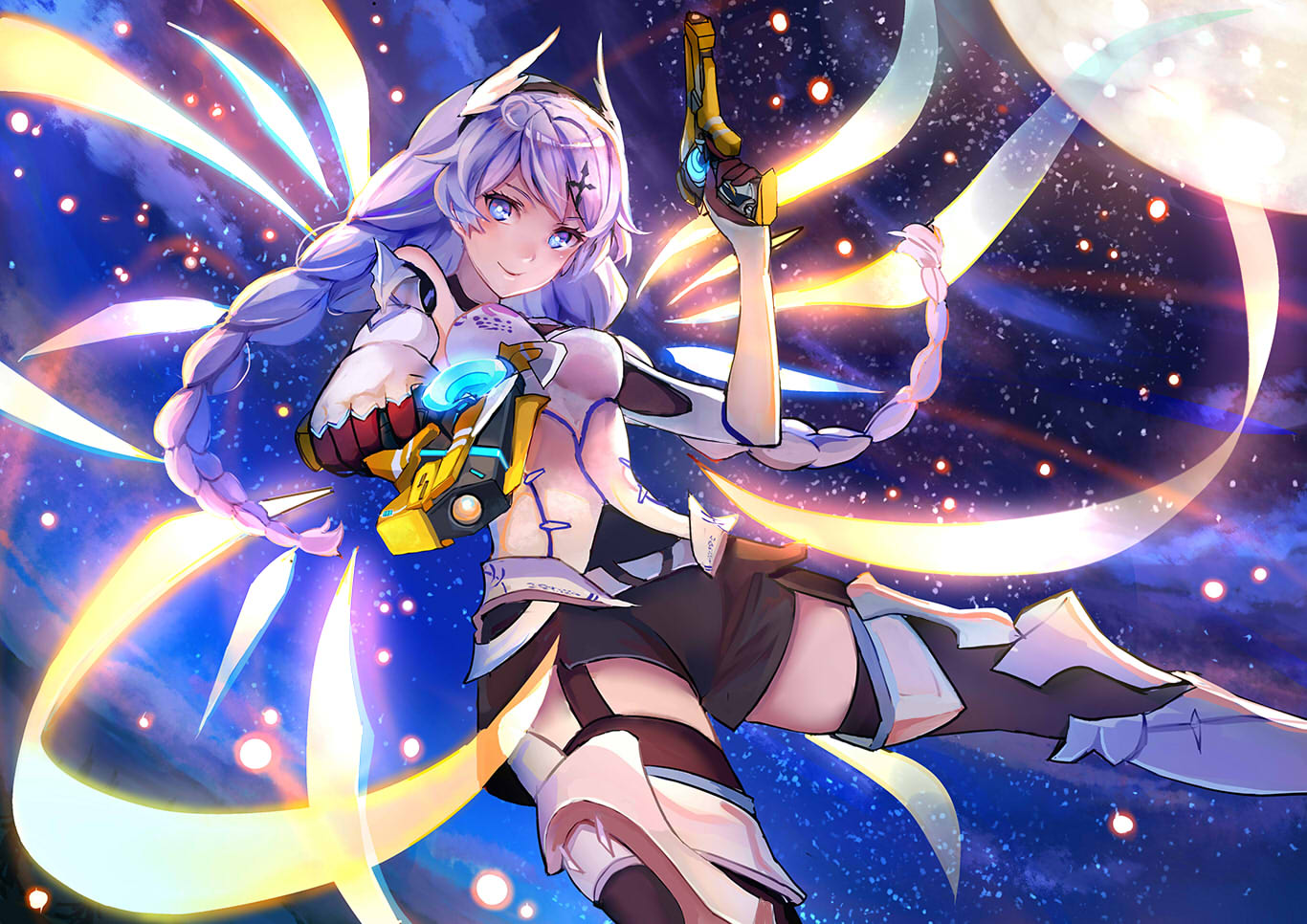 1girl, aiming_at_viewer, antenna_hair, bangs, braid, closed_mouth, dual_wielding, gun