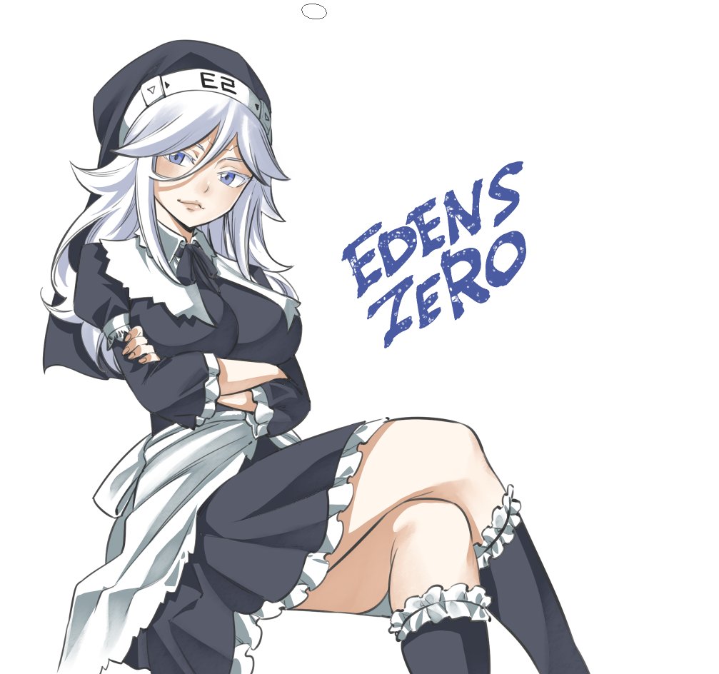 1girl, blue_eyes, breasts, copyright_name, crossed_arms, eden's_zero, feet_out_of_frame, frills