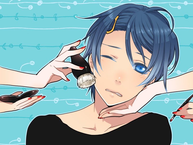 bitte, blue_eyes, blue_hair, blush, face, hair_ornament, hairclip, hands
