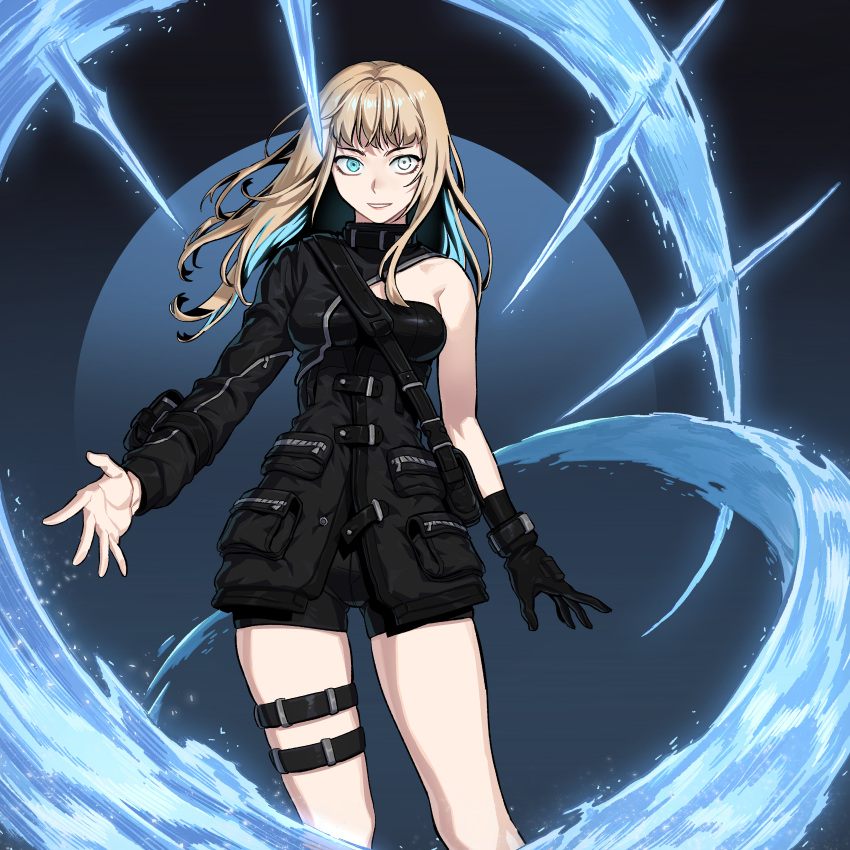 1girl, absurdres, bag, bangs, black_gloves, black_jacket, black_shorts, blonde_hair