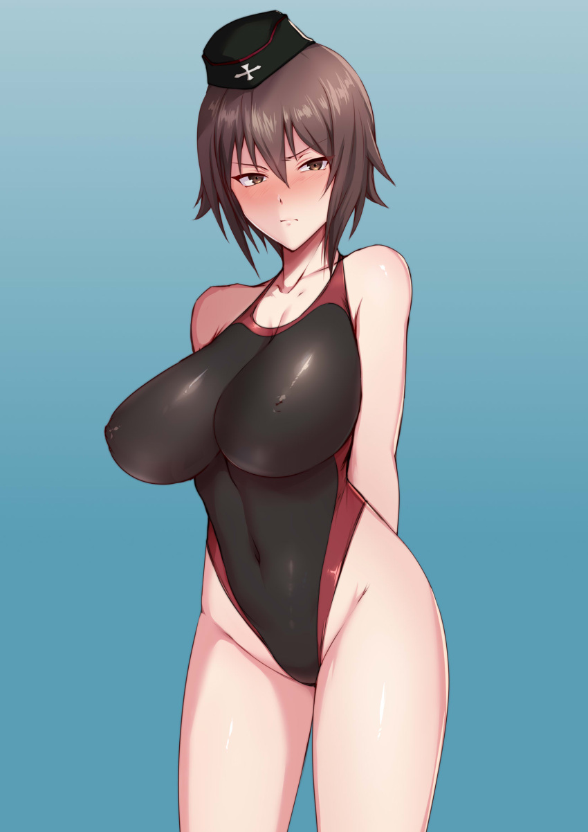 1girl, arms_behind_back, bangs, black_headwear, black_swimsuit, blue_background, blush, breasts
