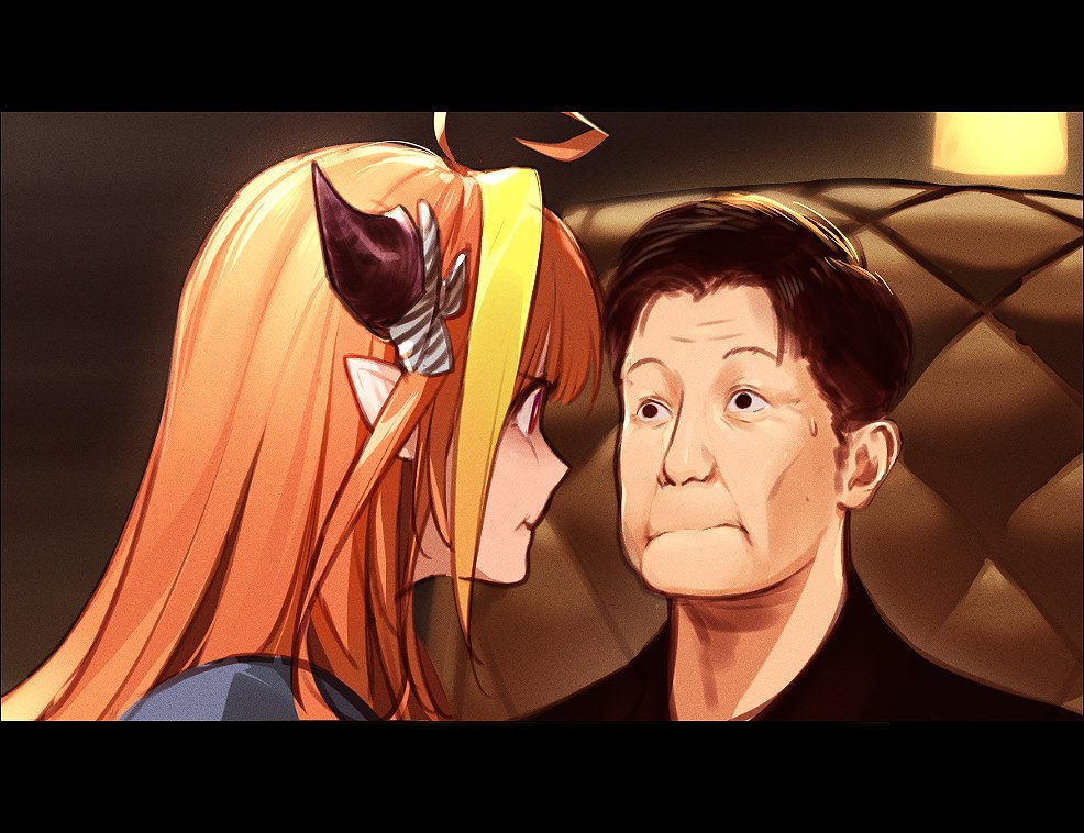 1boy, 1girl, ahoge, black_eyes, black_hair, blonde_hair, bow, closed_mouth