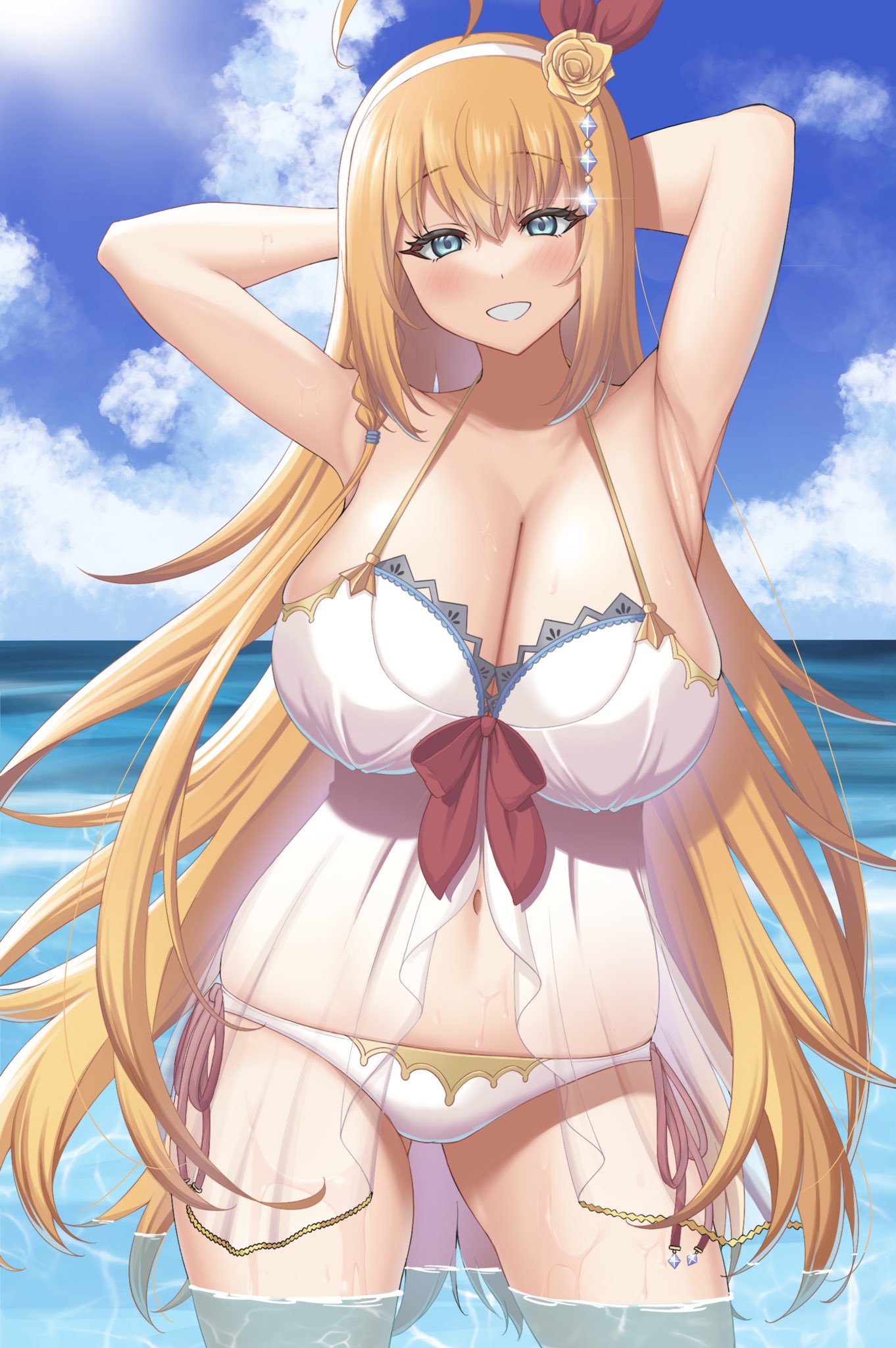 1girl, blue_eyes, braid, breasts, hair_ribbon, highres, large_breasts, long_hair