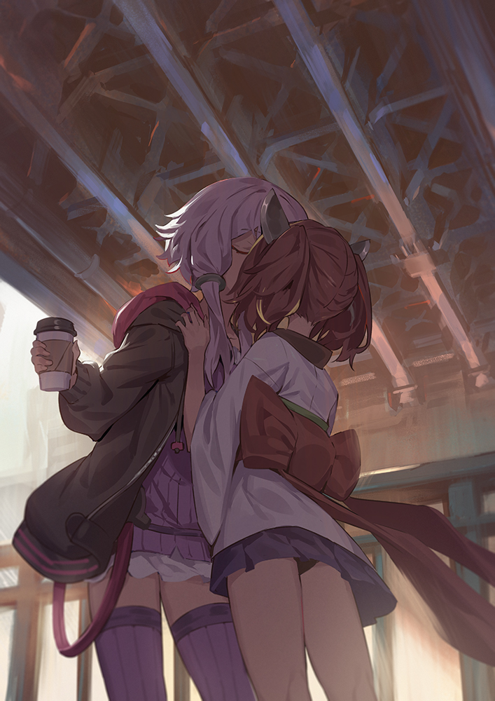 2girls, black_jacket, black_panties, brown_hair, closed_eyes, coffee_cup, commentary_request, cup