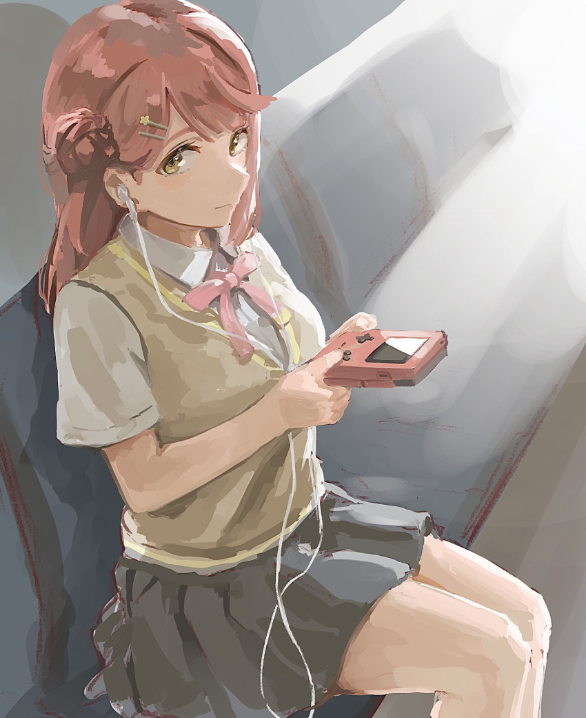 bangs, blunt_bangs, braid, braided_bun, collared_shirt, dress_shirt, earphones, game_boy