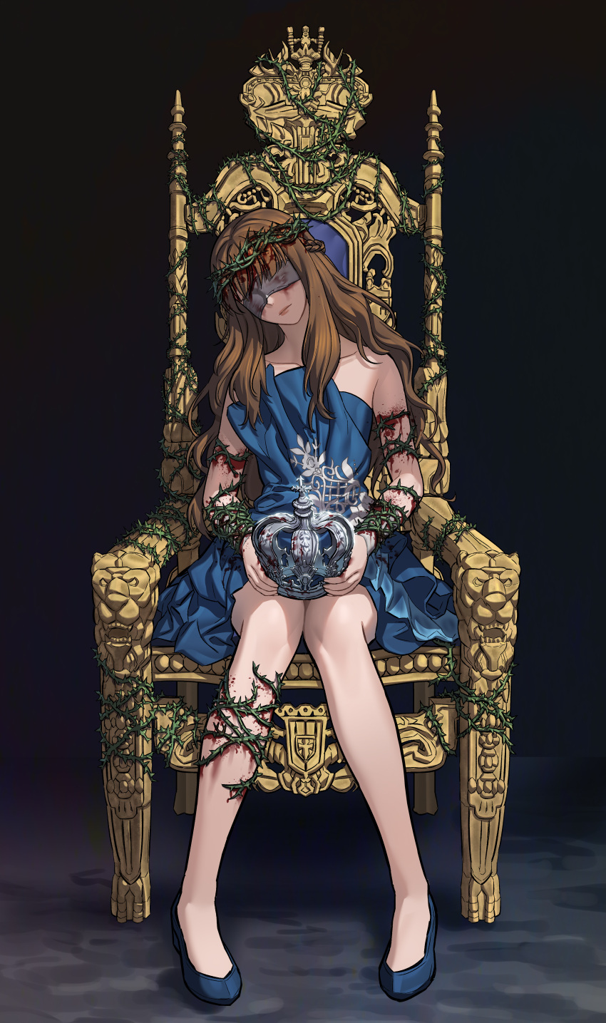1girl, absurdres, bare_shoulders, black_background, blindfold, blood, blood_on_face, blood_on_leg