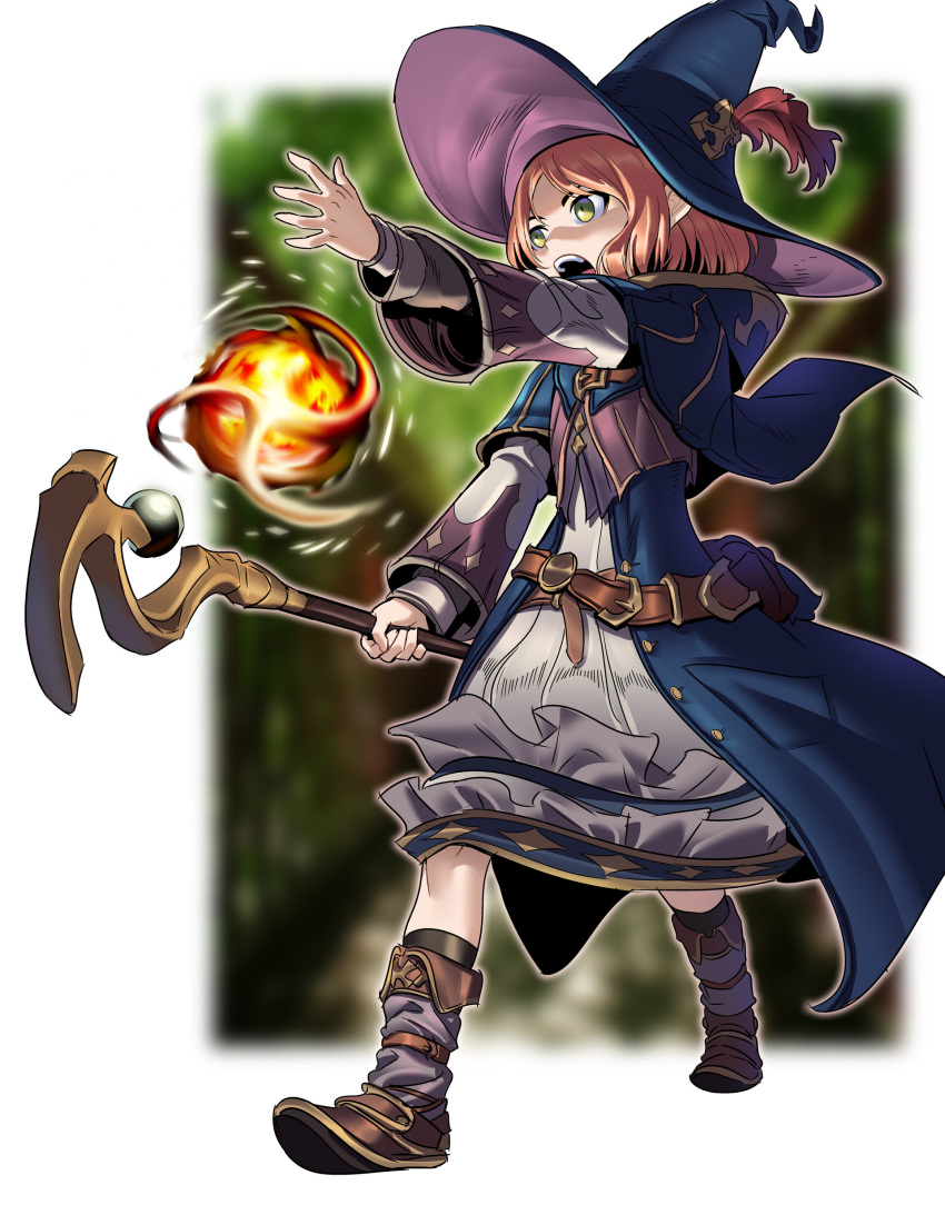 1other, absurdres, belt, blurry, blurry_background, boots, brown_hair, bymjim, dress, english_commentary, fireball, frilled_dress, frills, full_body, green_eyes, hat, hat_feather, highres, holding, holding_staff, hood, hood_down, hooded_jacket, jacket, long_sleeves, looking_to_the_side, medium_hair, open_mouth, original, solo, staff, standing, wide_sleeves, witch_hat, wizard