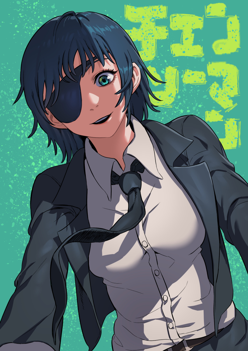 1girl, absurdres, bangs, belt, black_hair, black_jacket, black_neckwear, breasts