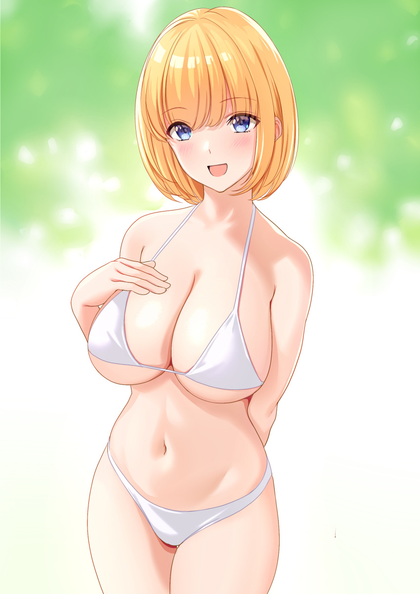 1girl, :d, absurdres, arm_behind_back, bangs, bikini, blush, breasts
