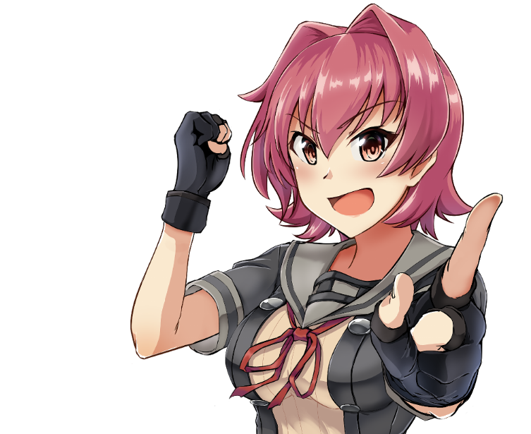 1girl, black_gloves, black_jacket, foreshortening, gloves, grey_sailor_collar, grey_skirt, index_finger_raised