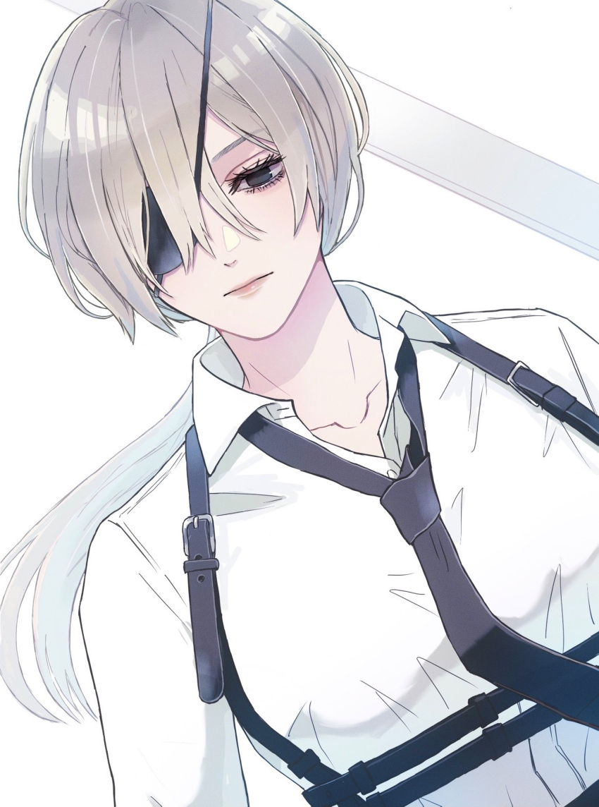 1girl, alternate_costume, black_eyes, black_neckwear, breasts, chainsaw_man, closed_mouth, collared_shirt