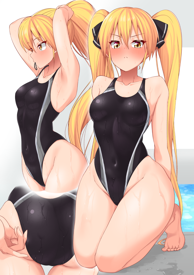 1girl, adjusting_clothes, adjusting_swimsuit, ass, barefoot, black_swimsuit, blonde_hair, blush_stickers, breasts, collarbone, commission, competition_swimsuit, covered_navel, dream_c_club, dream_c_club_(series), full_body, highleg, highleg_swimsuit, hisakabe_oune, kneeling, large_breasts, lnog, long_hair, looking_at_viewer, mian_(dream_c_club), multiple_views, one-piece_swimsuit, skeb_commission, swimsuit, twintails, yellow_eyes