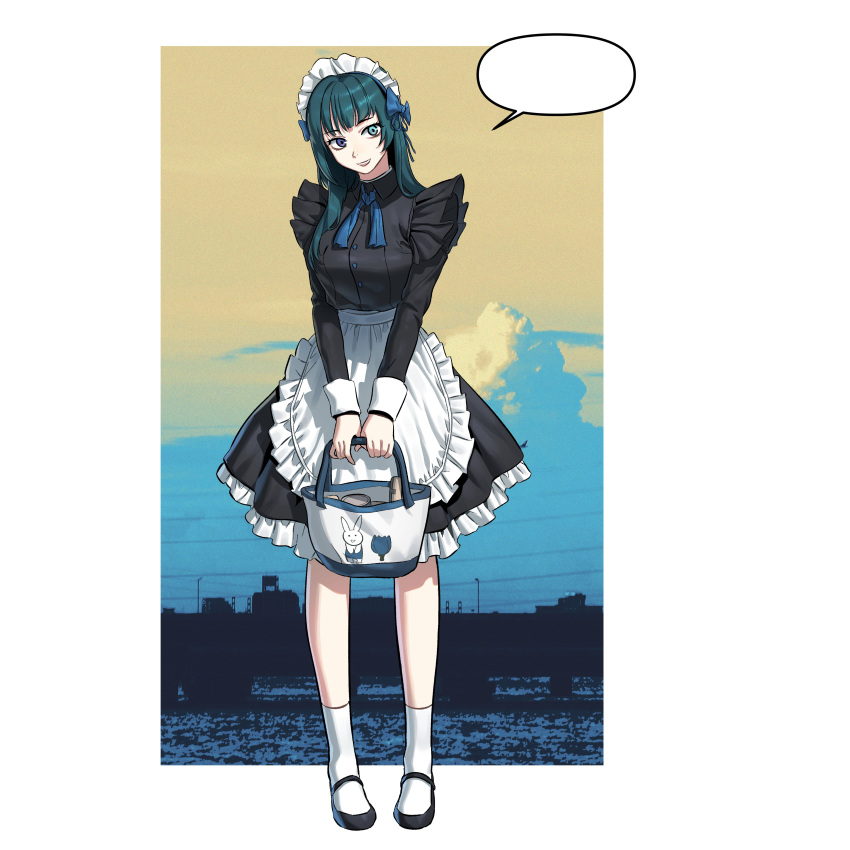 1girl, absurdres, apron, bag, bangs, blank_speech_bubble, blue_eyes, blue_hair