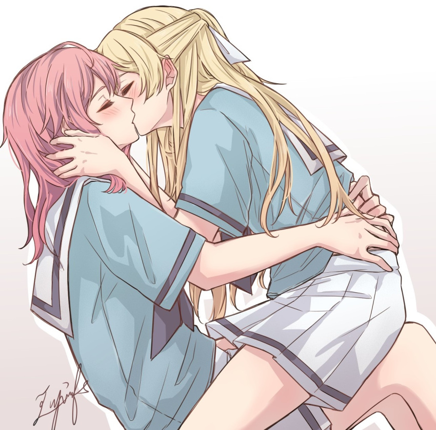 2girls, aiiro_bokujuu, bang_dream!, blonde_hair, closed_eyes, half_updo, hand_in_another's_hair, highres