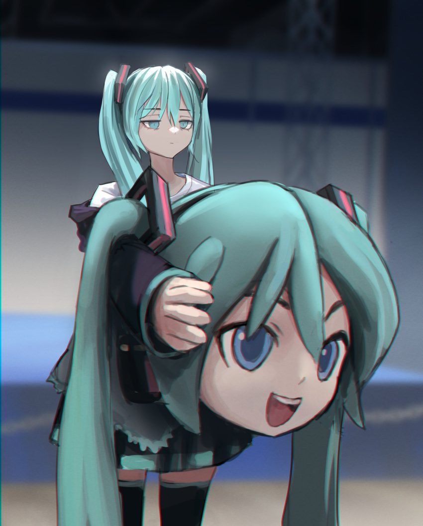1girl, absurdres, aqua_eyes, aqua_hair, aqua_neckwear, bare_shoulders, black_skirt, black_sleeves