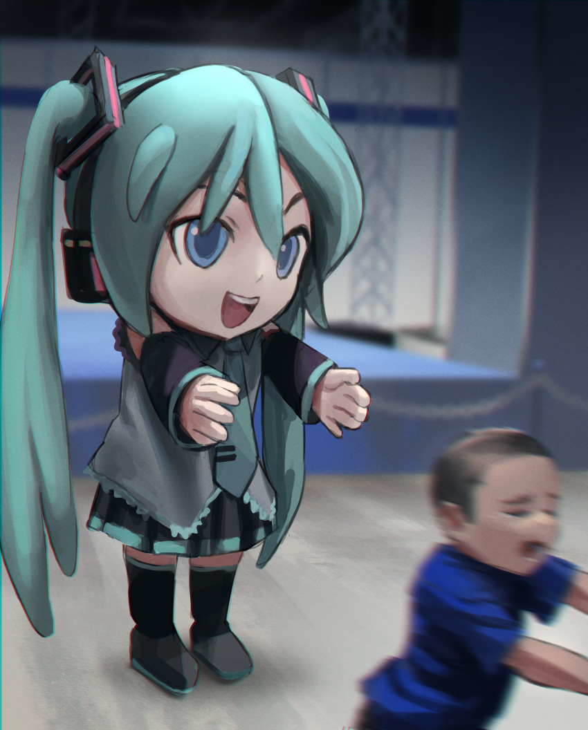 1boy, 1girl, absurdres, aqua_eyes, aqua_hair, aqua_neckwear, bare_shoulders, black_skirt