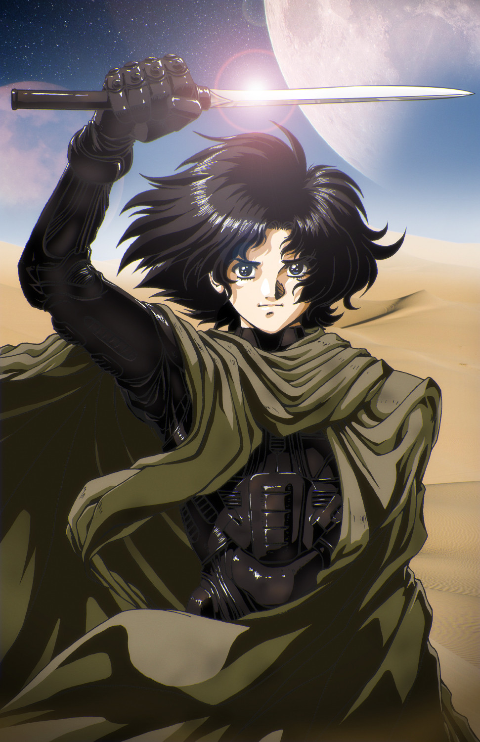 1980s_(style), 1boy, animification, black_eyes, black_hair, bodysuit, cloak, dennis_pulido