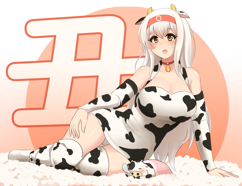 1girl, alternate_hairstyle, animal_ears, animal_print, breasts, chinese_zodiac, cow_ears, cow_horns