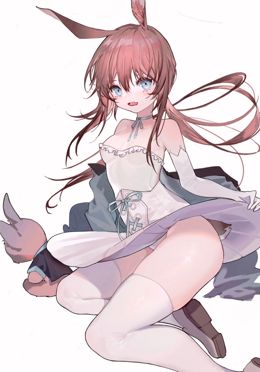 1girl, amiya_(arknights), animal_ears, arknights, bare_shoulders, blue_eyes, blue_ribbon, breasts, brown_hair, chinese_commentary, clothes_lift, commentary_request, cookie_(ppyf5328), dress, elbow_gloves, fang, floating_hair, full_body, gloves, highres, lifted_by_self, long_hair, looking_at_viewer, neck_ribbon, open_mouth, panties, rabbit_ears, ribbon, shoe_soles, shoes, simple_background, sitting, skin_fang, skindentation, skirt, skirt_lift, small_breasts, solo, strapless, strapless_dress, stuffed_animal, stuffed_bunny, stuffed_toy, sweat, thigh-highs, thighs, underwear, upskirt, white_background, white_dress, white_gloves, white_legwear, white_panties