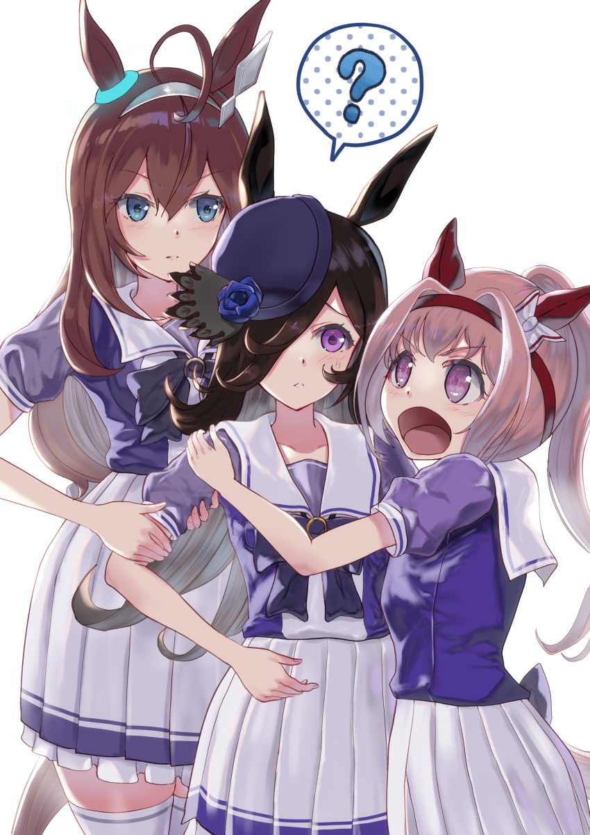 3girls, ?, absurdres, agemasen!_(meme), animal_ears, blue_flower, blue_rose, bow
