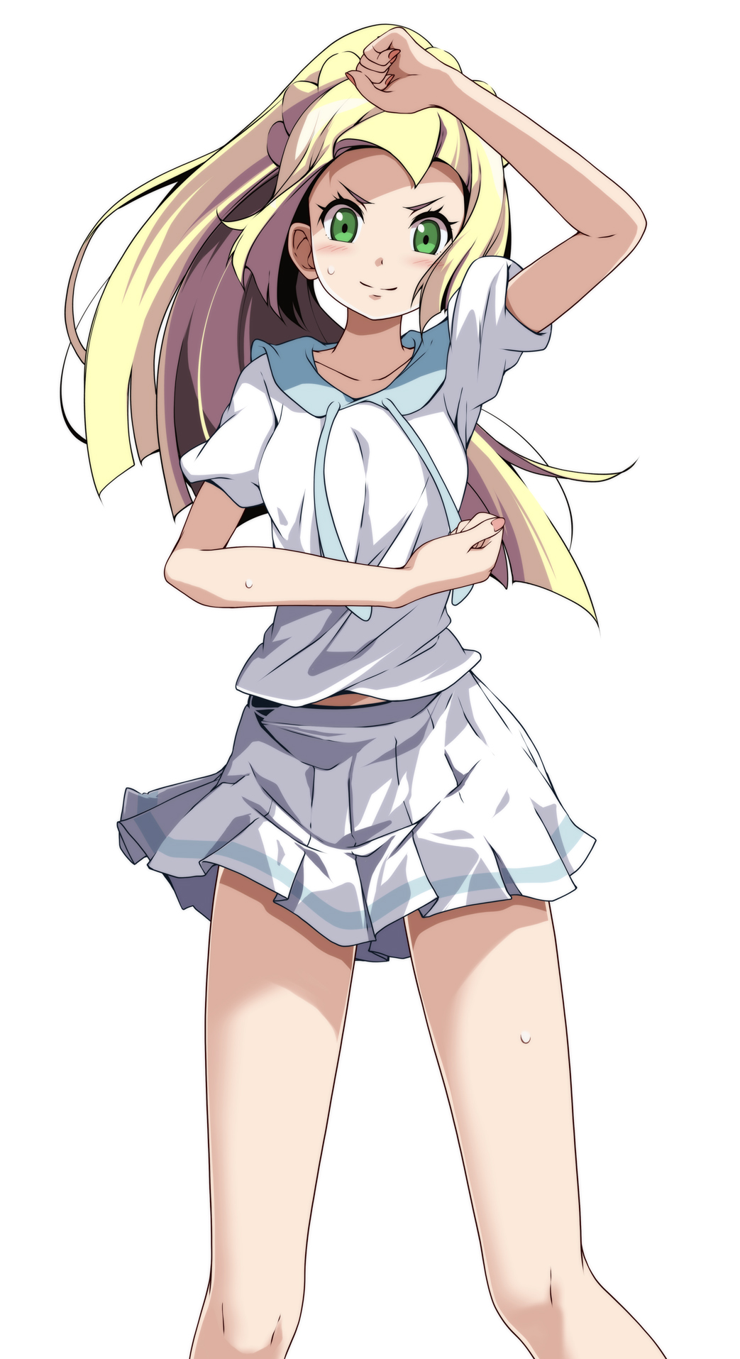 1girl, blonde_hair, blush, closed_mouth, green_eyes, highres, lillie_(pokemon), long_hair, looking_at_viewer, pleated_skirt, pokemon, pokemon_(game), pokemon_sm, ponytail, short_sleeves, simple_background, skirt, smile, solo, standing, tsukishiro_saika, white_background, white_skirt, z-move_trainer_pose