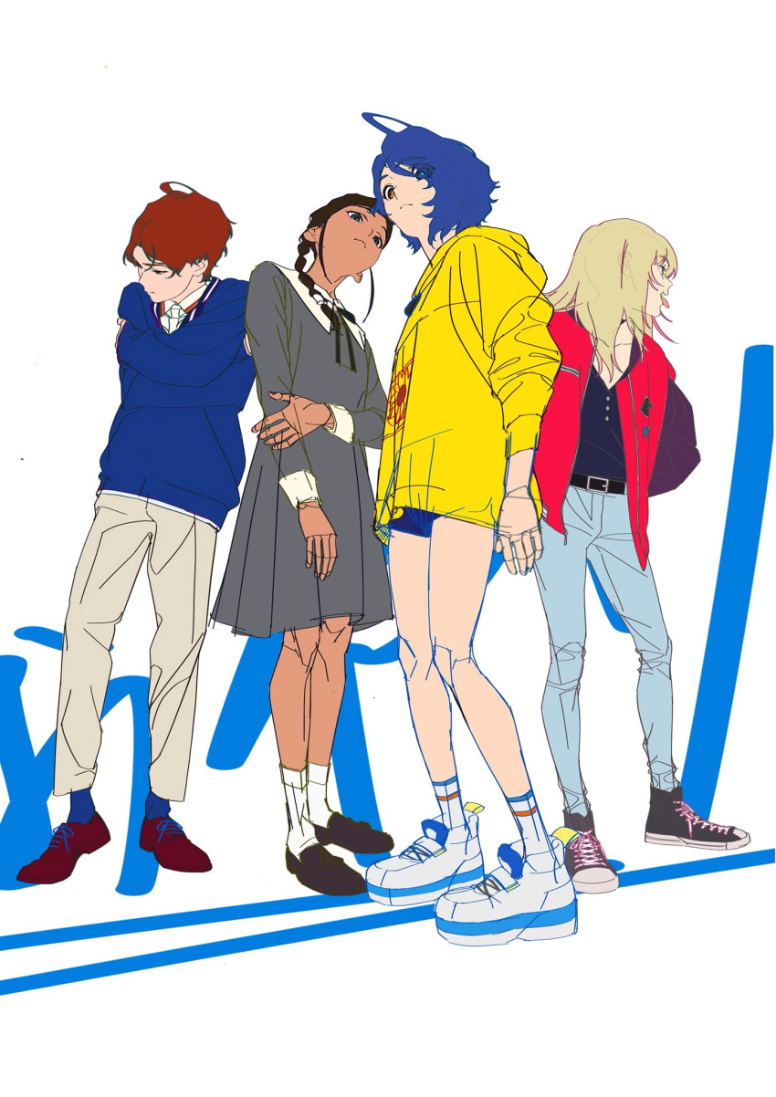 4girls, ahoge, aonuma_neiru, blonde_hair, blue_eyes, blue_hair, blue_shirt, brown_hair