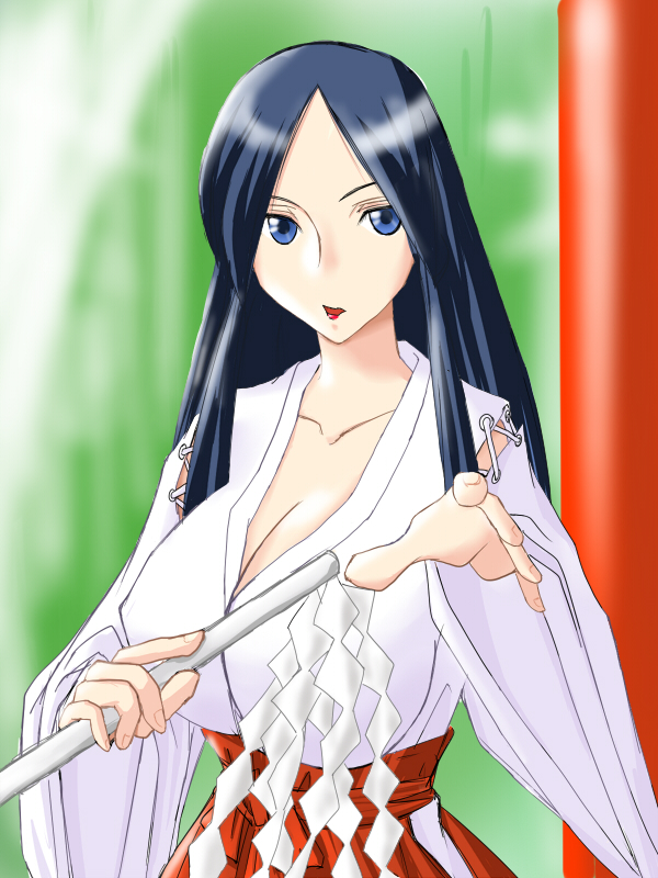 black_eyes, black_hair, blush, breasts, cleavage, huge_breasts, japanese_clothes, kokecchi, long_hair, miyama_ichiko, shinbashi_no_miko