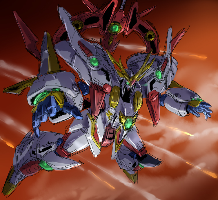 falling, fusion, glowing, glowing_eye, green_eyes, gundam, gundam_hathaway's_flash, mayata