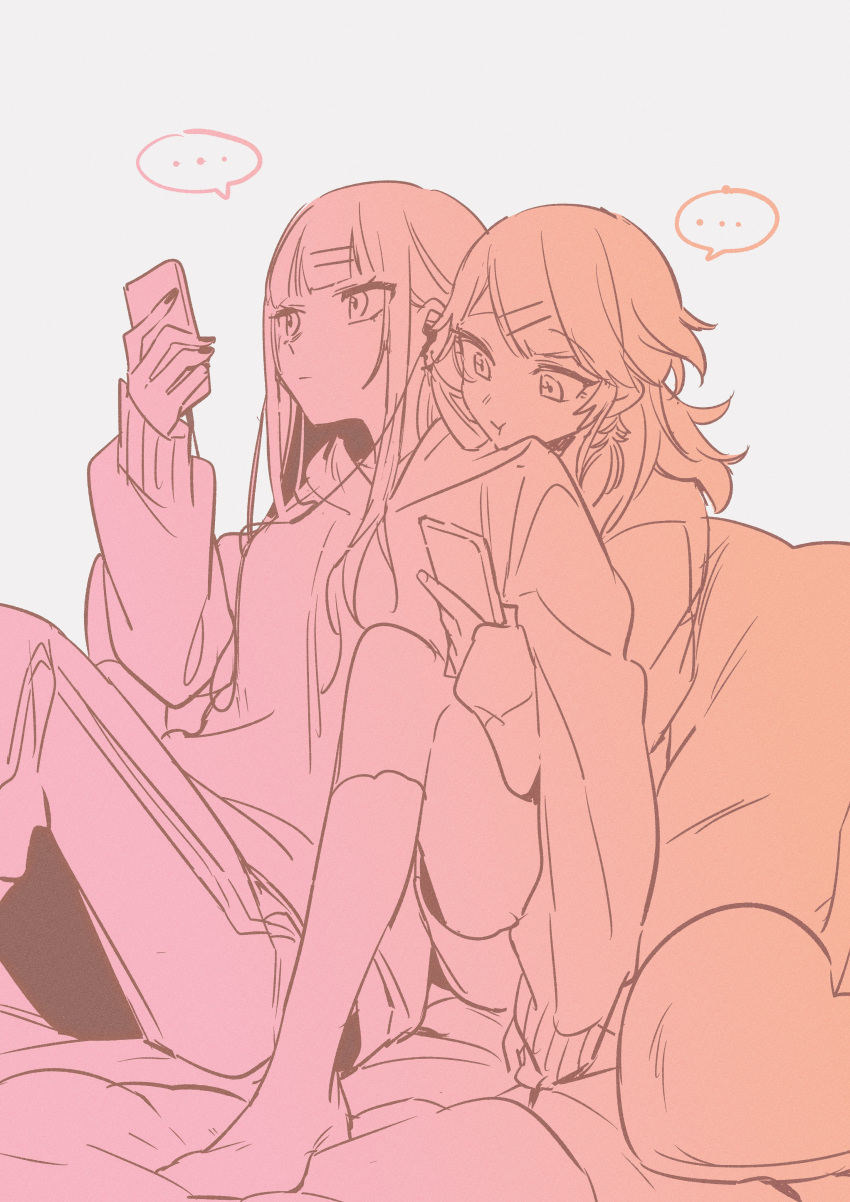 ..., 2girls, aaanecooo, absurdres, black_nails, earphones, heart, heart_pillow