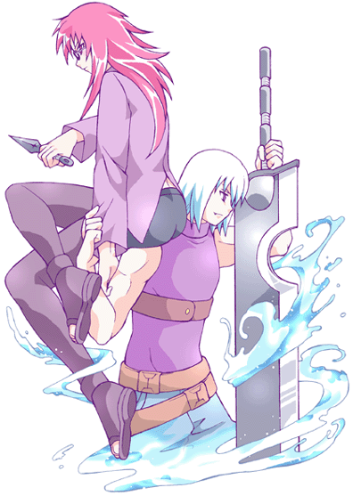 glasses, houzuki_suigetsu, hozuki_suigetsu, karin_(naruto), kuramiya, naruto, red_hair, redhead, sitting, sword, weapon, white_hair