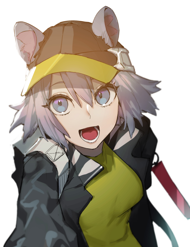 1girl, arknights, backpack, bag, baseball_cap, black_headwear, black_jacket, blue_eyes, click_(arknights), commentary_request, eyebrows_behind_hair, grey_hair, hat, jacket, mirin_chikuwa, open_mouth, selfie, shirt, simple_background, solo, two-tone_headwear, white_background, yellow_headwear, yellow_shirt