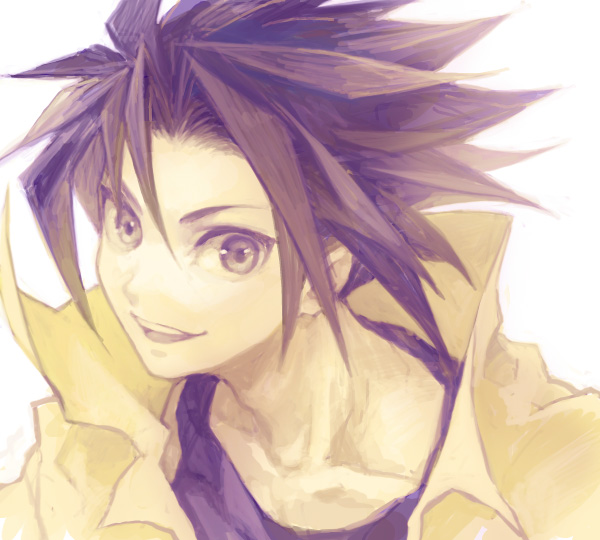 1boy, black_hair, close-up, jacket, jing, jing_(character), jing_king_of_bandits, king_of_bandit_jing, male, purple_hair, silver_eyes, smile, solo, tank_top, tea_(pixiv), tea_(retroz)