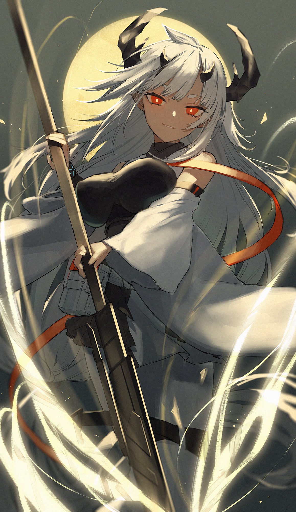 1girl, arknights, detached_sleeves, full_moon, glowing, glowing_eyes, highres, holding