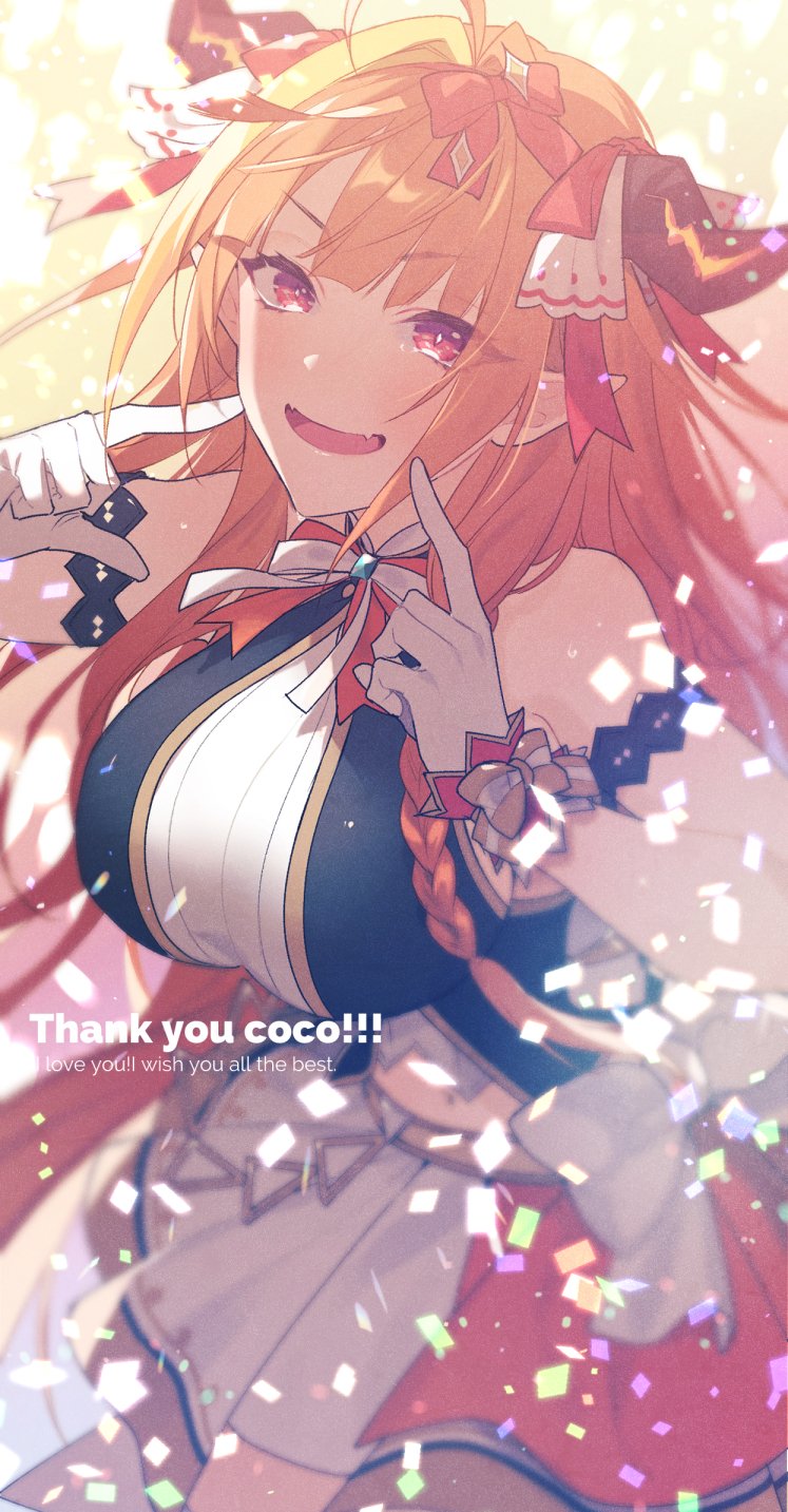 1girl, ahoge, arm_garter, bangs, bare_arms, bare_shoulders, blonde_hair, blunt_bangs, bow_hairband, braid, breasts, bright_pupils, character_name, clothing_cutout, commentary_request, confetti, cowboy_shot, dragon_girl, dragon_horns, english_text, eyebrows_visible_through_hair, eyes_visible_through_hair, fangs, gloves, hairband, highres, hololive, hololive_idol_uniform, horn_ornament, horn_ribbon, horns, idol, idol_clothes, kiryu_coco, large_breasts, long_hair, looking_at_viewer, multicolored_hair, navel_cutout, official_alternate_costume, open_mouth, orange_hair, pointing, pointing_at_self, pointy_ears, red_eyes, red_hairband, red_ribbon, ribbon, side_braid, sidelocks, single_braid, skin_fangs, skirt, smile, solo, streaked_hair, thank_you, virtual_youtuber, waka_(wkmtr), white_gloves, white_pupils, white_skirt, wrist_bow, wrist_cuffs
