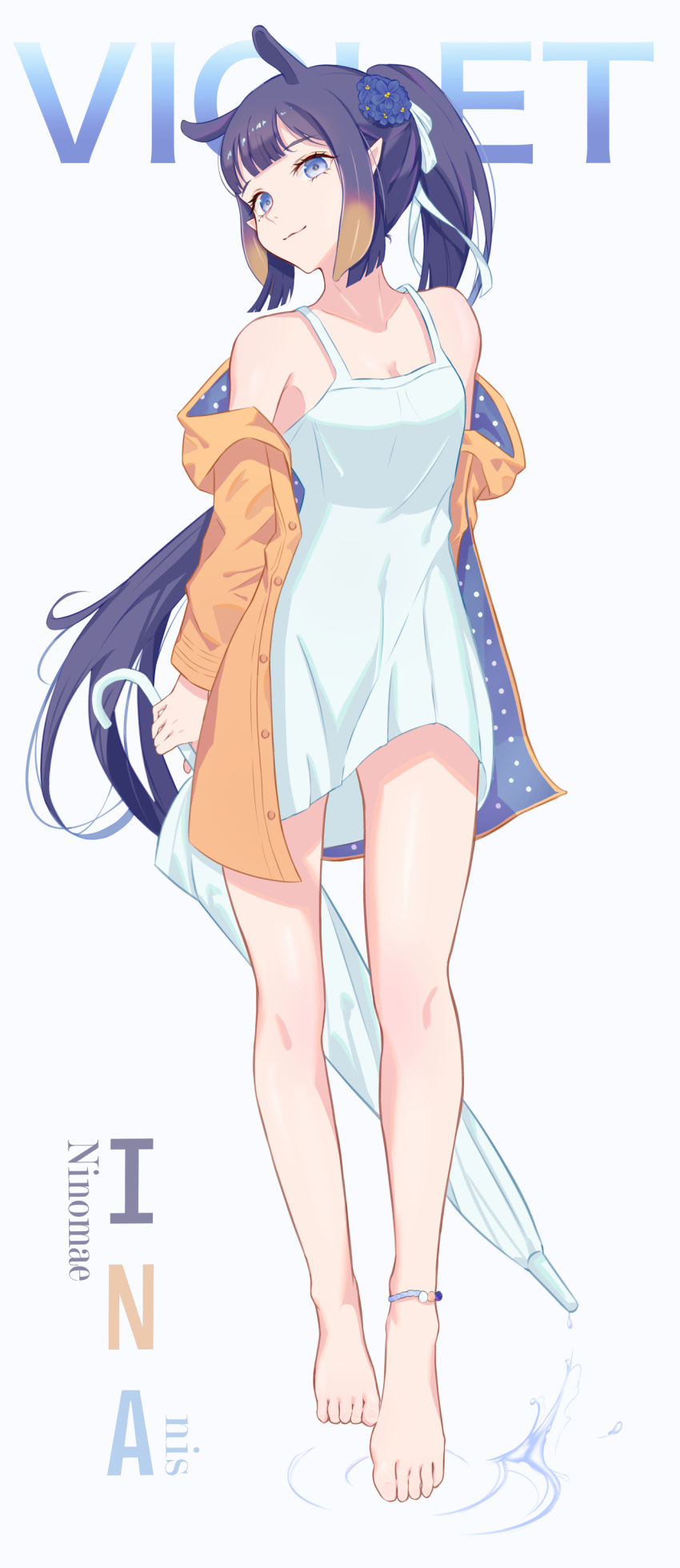 1girl, absurdres, animal_ears, anklet, arms_behind_back, bangs, bare_legs, bare_shoulders, barefoot, blue_eyes, blue_flower, blunt_bangs, breasts, character_name, closed_mouth, closed_umbrella, commentary, dress, english_commentary, english_text, extra_ears, flower, full_body, hair_flower, hair_ornament, hair_ribbon, head_tilt, highres, holding, holding_umbrella, hololive, hololive_english, jacket, jewelry, long_hair, long_sleeves, looking_at_viewer, ninomae_ina'nis, off_shoulder, pointy_ears, ponytail, purple_hair, ribbon, simple_background, sleeveless, sleeveless_dress, small_breasts, smile, solo, tentacle_hair, two-sided_fabric, two-sided_jacket, umbrella, virtual_youtuber, walking, wesly2300, white_background, white_dress, white_ribbon, white_umbrella, yellow_jacket
