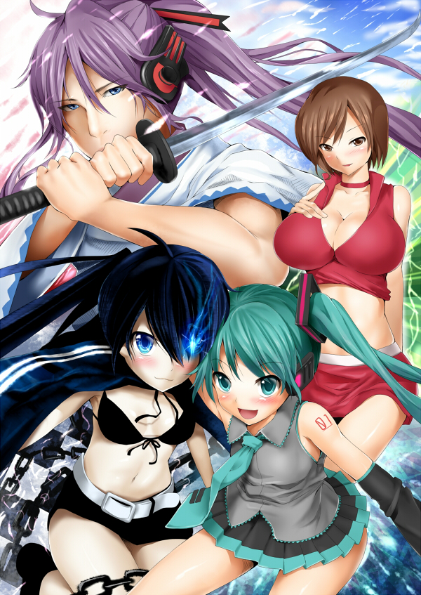 aqua_eyes, aqua_hair, belt, bikini_top, black_hair, black_rock_shooter, black_rock_shooter_(character), blastbeat