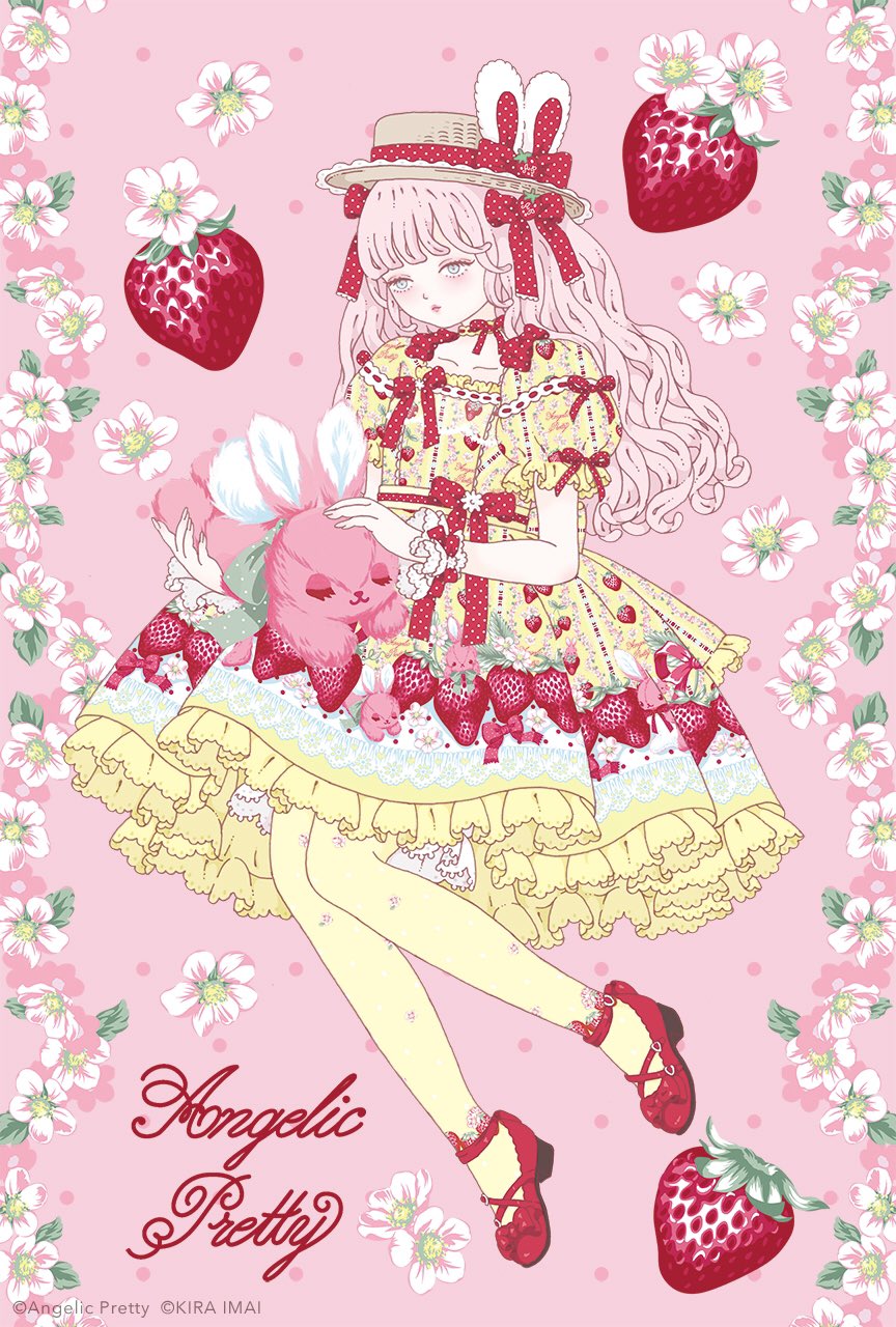 ad, angelic_pretty, animal_ears, bangs, blunt_bangs, boater_hat, bow, copyright_name, dress, fashion, flower, food, food-themed_hair_ornament, food_print, frilled_dress, frilled_skirt, frills, fruit, grey_eyes, hair_bow, hair_ornament, hat, highres, kira_imai, lace, leggings, lolita_fashion, patterned_clothing, pink_background, pink_hair, postcard, print_legwear, rabbit, rabbit_ears, real_life, red_bow, red_footwear, skirt, strawberry, strawberry_blossoms, strawberry_hair_ornament, strawberry_print, stuffed_animal, stuffed_bunny, stuffed_toy, yellow_dress, yellow_legwear
