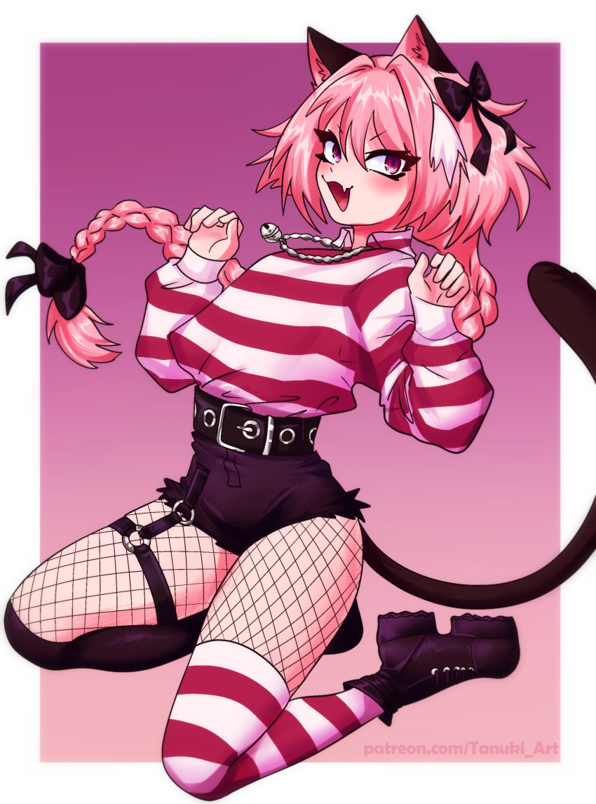 1boy, absurdres, animal_ears, astolfo_(fate), asymmetrical_legwear, black_bow, black_legwear, black_shorts, blush, border, bow, braid, braided_ponytail, cat_ears, cat_tail, clothes_pull, fang, fate/apocrypha, fate_(series), fishnet_legwear, fishnets, hair_bow, highres, jewelry, long_braid, long_hair, necklace, open_mouth, otoko_no_ko, pantyhose, pantyhose_pull, pink_hair, rumblyf, shirt, shirt_tucked_in, shorts, single_braid, skin_fang, sleeves_past_wrists, smile, solo, striped, striped_legwear, striped_shirt, tail, thigh-highs, very_long_hair, white_border