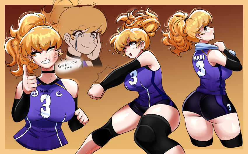 1girl, absurdres, ass, bangs, black_shorts, black_sleeves, blonde_hair, brown_background