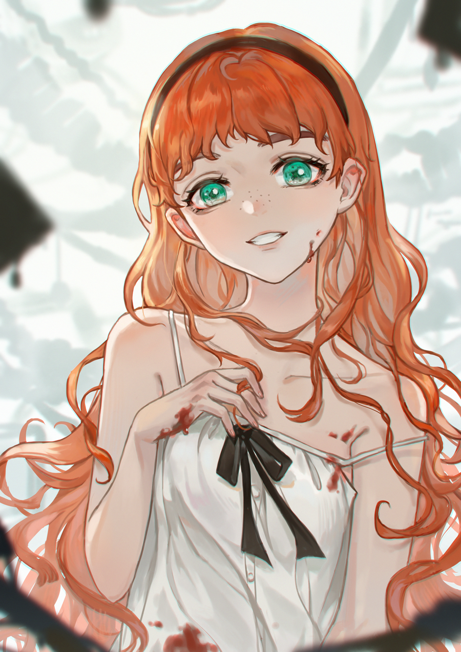 1girl, anmaki, aqua_eyes, bangs, bare_arms, black_bow, black_hairband, blood, blood_on_chest, blood_on_face, bloody_clothes, bloody_hands, blurry, blurry_foreground, bow, collarbone, commentary_request, curly_hair, dress, english_commentary, freckles, frill_(wonder_egg_priority), grin, hairband, hand_up, highres, long_hair, looking_at_viewer, mixed-language_commentary, open_mouth, orange_hair, sleeveless, sleeveless_dress, smile, solo, spaghetti_strap, teeth, thick_eyebrows, upper_body, white_background, white_dress, wonder_egg_priority