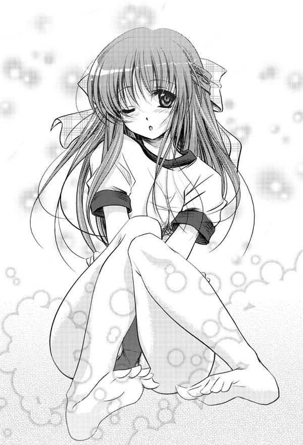 buruma, feet, gym_uniform, kanon, kurata_sayuri, long_hair, monochrome, rekurieeru