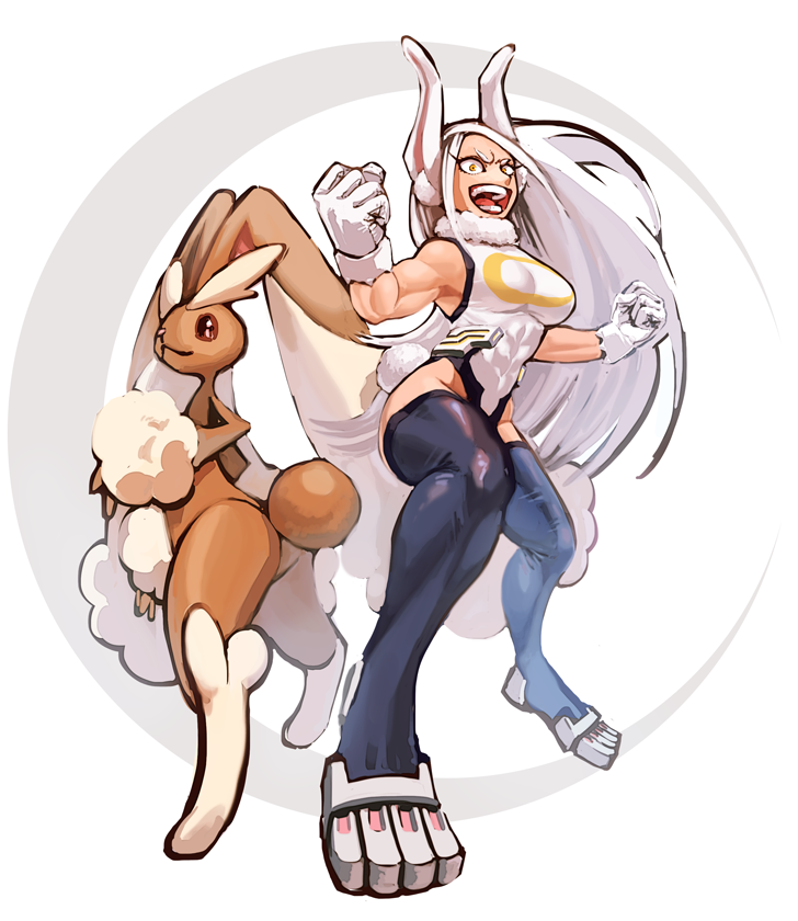 1girl, :d, animal_ears, bare_arms, black_legwear, boku_no_hero_academia, breasts, clenched_hands