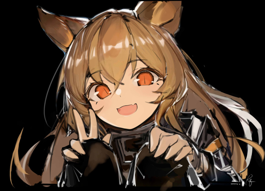 1girl, :d, animal_ears, arknights, black_background, boots, brown_footwear, brown_hair