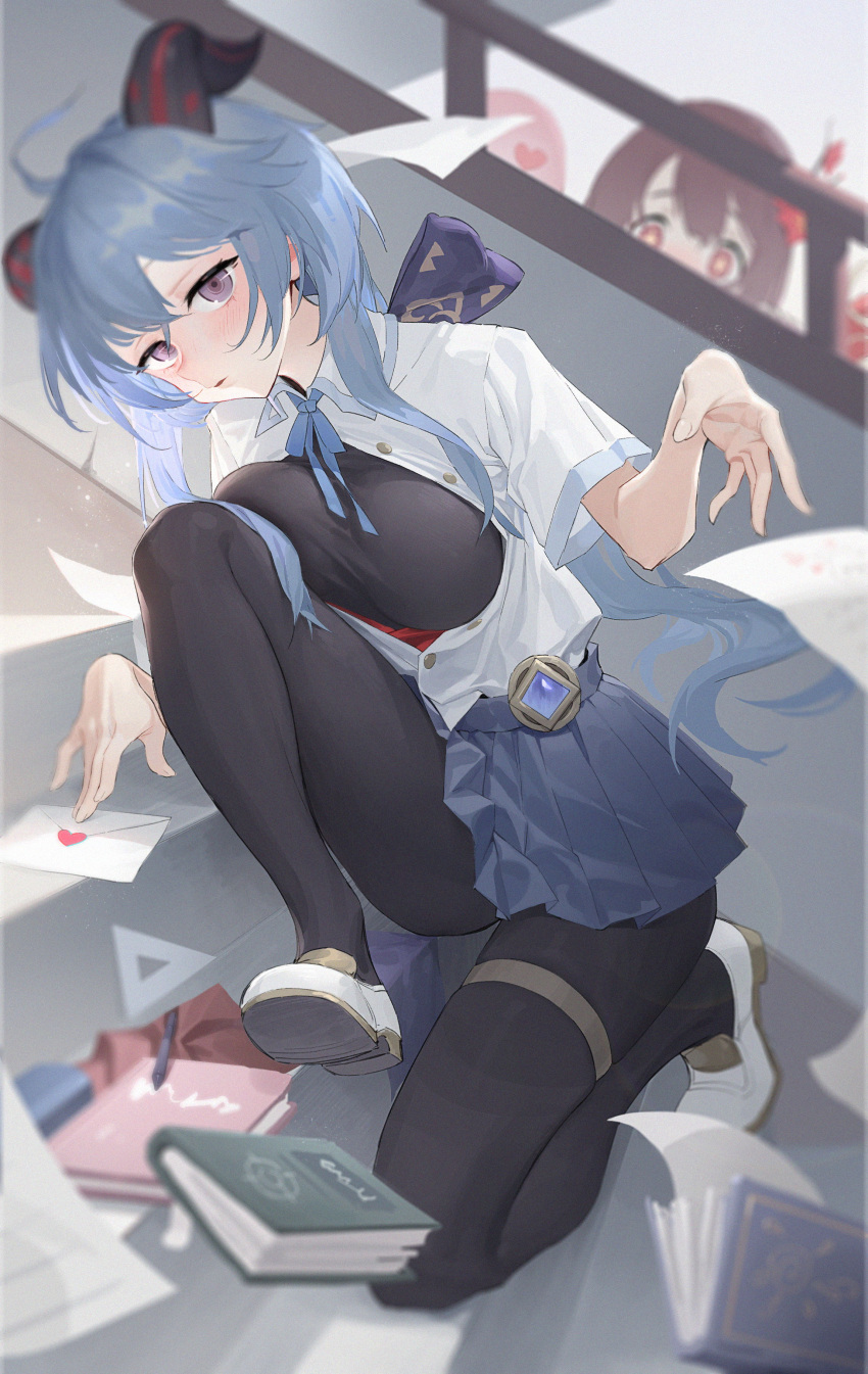 2girls, absurdres, ahoge, alternate_costume, bangs, black_bodysuit, black_hair, blue_hair