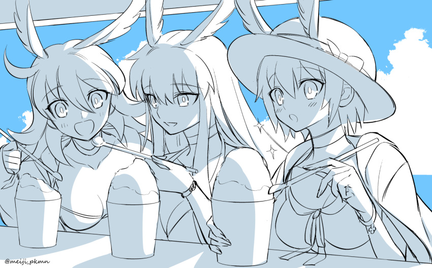 3girls, ahoge, bangs, black_hair, blonde_hair, blue_sky, blush, breasts
