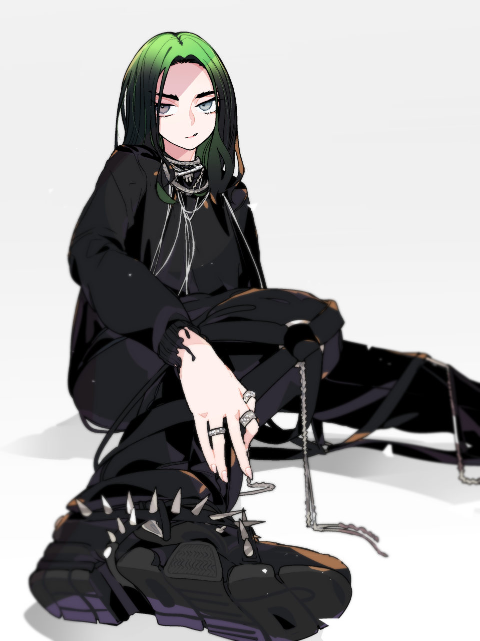 1girl, :/, billie_eilish, black_footwear, black_hair, black_pants, black_shirt, boots