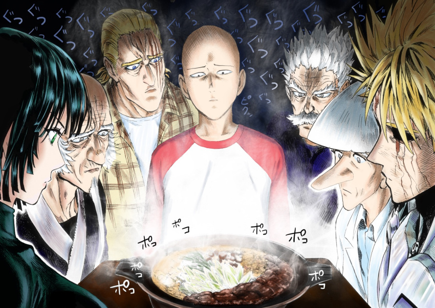 1girl, 6+boys, bald, bang_(one-punch_man), black_hair, blonde_hair, blue_eyes, bombe