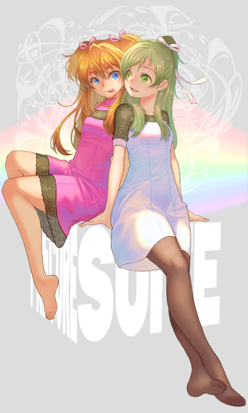 2girls, :d, :q, barefoot, black_legwear, blue_eyes, brown_hair, copyright_name