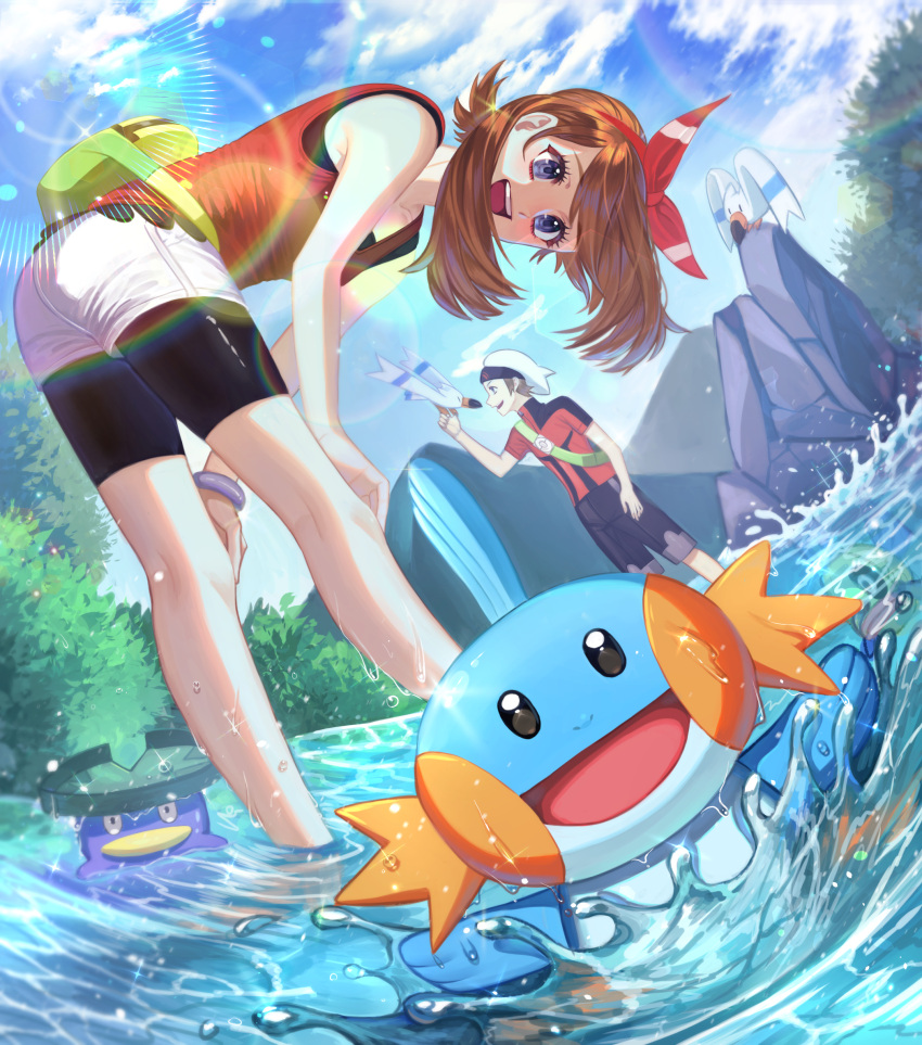1boy, 1girl, :d, bent_over, bike_shorts, black_shorts, blue_eyes, blue_sky, bow, bow_hairband, bracelet, brendan_(pokemon), brown_hair, clouds, collarbone, day, gen_3_pokemon, hair_bow, hairband, hands_on_own_knees, highres, jewelry, lens_flare, long_hair, looking_at_viewer, lotad, may_(pokemon), mudkip, open_mouth, outdoors, pokemon, pokemon_(creature), pokemon_(game), pokemon_oras, red_bow, red_hairband, red_shirt, shiny, shiny_hair, shirt, short_shorts, short_sleeves, shorts, shorts_under_shorts, sky, sleeveless, sleeveless_shirt, smile, soaking_feet, starter_pokemon, sueon00, summer, white_headwear, white_shorts, wingull