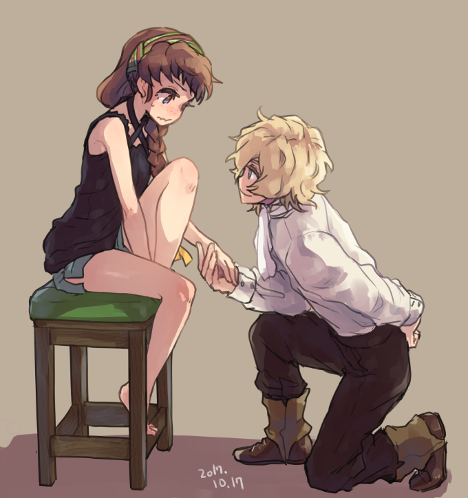 1boy, 1girl, 2017, barefoot, black_pants, black_shirt, blonde_hair, blue_eyes